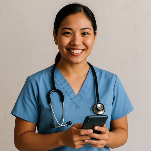 Filipino nurse smiling confidently while holding a mobile phone, representing healthcare professionals interested in US career opportunities through Conexus MedStaff Filipino nurse smiling confidently while holding a mobile phone, representing healthcare professionals interested in US career opportunities through Conexus MedStaff